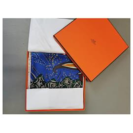 Hermès-Pañuelo Hermes flores de sudáfrica 140-Verde,Naranja,Azul claro