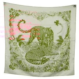 Hermès-HERMES JUNGLE LOVE SQUARE SCARF 90 BROOCHED SILK JACQUARD SCARF SILK BOX-White