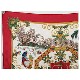 Hermès-HERMES JOIES D'HIVER JOACHIM METZ SCARF IN RED JACQUARD BROOCHED SILK-Red