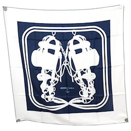 Hermès-NEW HERMES BRIDES GALA SCARF IN BLUE BEE BROOCHED SILK + SCARF BOX-Blue