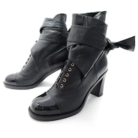 Chanel-NEW CHANEL BOOTS G32182 Lace up 39 BLACK LEATHER BOOTS-Black