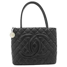 Chanel-CHANEL Silver Medallion Caviar Shoulder Bag Grand Shopping Tote-Black