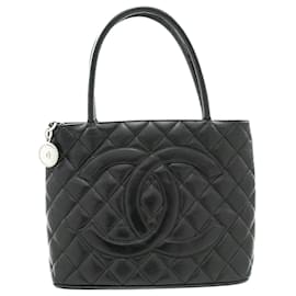 Chanel-CHANEL Silver Medallion Caviar Shoulder Bag Grand Shopping Tote-Black