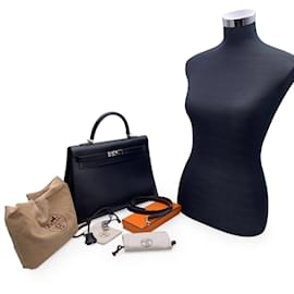 Hermès-Hermes Black Box Calf Leather Kelly 35 Sellier Bag Handbag-Black
