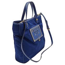 Prada-Prada tote shoulder bag in light blue nylon with gold logo-Light blue