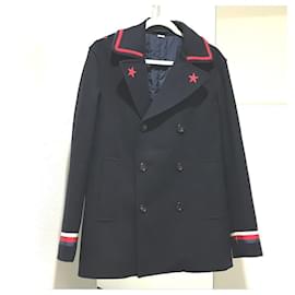 Gucci-*GUCCI Gucci  Bicolor Silvy Web Ribbon Felt Jacket Pea Coat Wool Men's Navy Navy-Navy blue