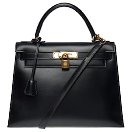 Hermès-KELLY HANDBAG 28 saddler shoulder strap in black box-101135-Black
