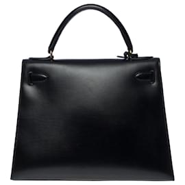 Hermès-KELLY HANDBAG 28 saddler shoulder strap in black box-101135-Black