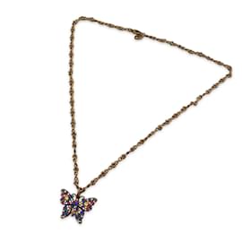 Gucci-Aged Gold Metal Butterfly Necklace with Multicolor Crystal-Multiple colors