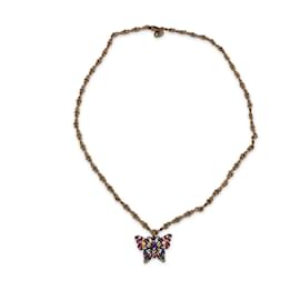 Gucci-Aged Gold Metal Butterfly Necklace with Multicolor Crystal-Multiple colors
