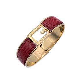 Gucci-Vintage Stainless Steel Red Leather G Logo Bangle Bracelet-Red