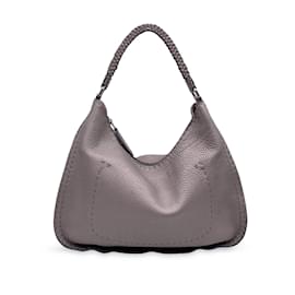 Fendi-Selleria Silver Leather Hobo Shoulder Bag Tote-Silvery