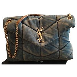 Saint Laurent Sac Puffer Medium en Suède et Denim Bleu