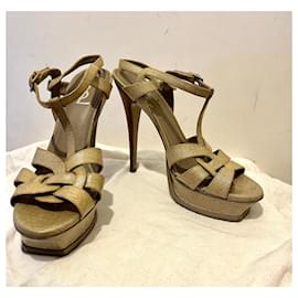 Yves Saint Laurent-YSL classic Tribute sandal with wooden heel-Beige,Metallic