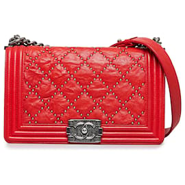 Chanel-Chanel Red Medium Studded Distressed Calfskin Boy Flap-Red