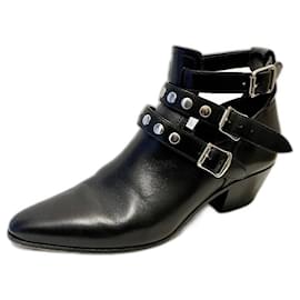 Saint Laurent-Saint Laurent buckled and studded ankle boots-Black