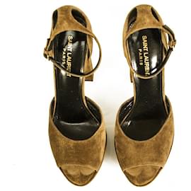 Yves Saint Laurent-Yves Saint Laurent YSL Jodie brown velvet platform sandals heels suede size 38.5-Brown