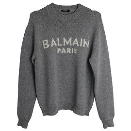 Pull Balmain Logo Crewneck en Laine Mérinos Grise Gris
