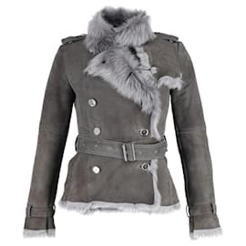 Burberry-Burberry Trench Court en Shearling en Cuir d'Agneau Gris-Gris