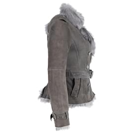 Burberry-Burberry Short Shearling Trench Coat in Grey Lambskin Leather-Grey