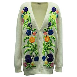 Saint Laurent Strickjacke mit Blumenstickerei aus cremefarbener Wolle Weiß Roh