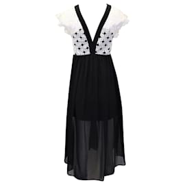 Sandro-Sandro Paris Lace Trim Midi Dress in Black and White Polyester-Black