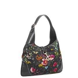 Gucci-Canvas & Leather Jackie O Bouvier Floral Hobo Bag 153029-Black