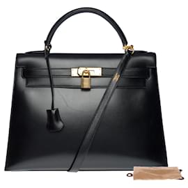 Hermès-KELLY HANDBAG 32 saddler shoulder strap in black box-101155-Black