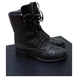Chanel-Chanel Biker Lace Up Black Leather Boot 39.5 US 9.5 UK 6.5-Black