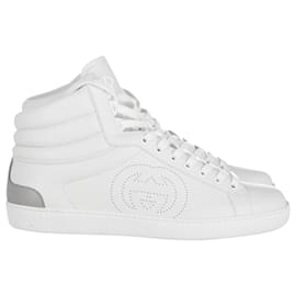 Autre Marque-Gucci New Ace Perforated Logo High Top Sneakers in White Leather-White