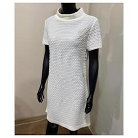 Chanel-Chanel Ecru Knitted Cotton Neck Mini Dress-Beige
