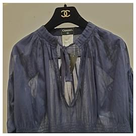 Chanel-Vita in cotone blu navy CHANEL 2 Top in camicetta con bottoni con logo Cc-Blu scuro