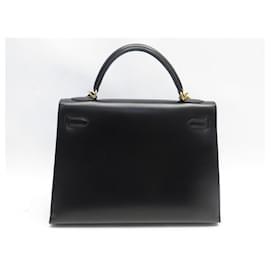 Hermès-Hermès Kelly handbag 32 SELLIER IN BLACK BOX LEATHER BANDOULIER HAND BAG PURSE-Black