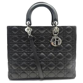 Christian Dior-CHRISTIAN DIOR LADY LARGE CAL HANDBAG44561 BLACK CANE LEATHER HAND BAG-Black