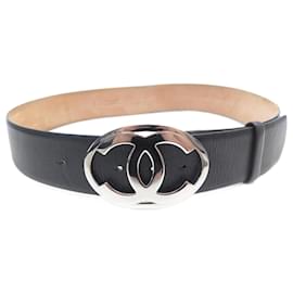 Chanel-CHANEL BELT BUCKLE CC LOGO 90 CM IN BLACK LEATHER AND SILVER METAL LEATHER BELT-Black