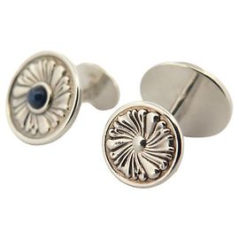 NEUF BOUTONS DE MANCHETTE BUCCELLATI FLEURS EN ARGENT MASSIF ET SAPHIRS BLEUS Argenté