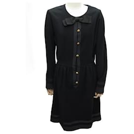 Chanel-VINTAGE CHANEL DRESS CAMELIA BUTTONS & BOW IN BLACK WOOL 42 L WOOL DRESS-Black