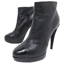 Chanel-CHANEL G SHOES27830 HEEL ANKLE BOOTS 38.5 BLACK LEATHER LOW BOOTS LOGO CC-Black