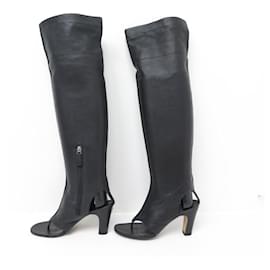 Chanel-NEW CHANEL LOGO RUNWAY OVER THE KNEE G BOOTS28185 37 LEATHER SHOES BOOTS-Black