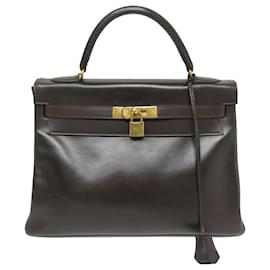 Hermès-VINTAGE SAC A MAIN HERMES KELLY 32 RETOURNE EN CUIR BOX MARRON PURSE HAND BAG-Marron