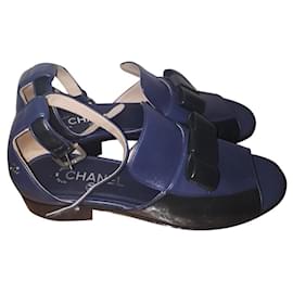 Chanel-Chanel Ankle Strap Blue Leather Open Toe Flat Size 40C US 10 UK 7 AU 9-Black,Blue