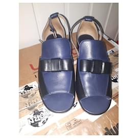 Chanel-Chanel Ankle Strap Blue Leather Open Toe Flat Size 40C US 10 UK 7 AU 9-Black,Blue