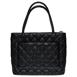Chanel-CHANEL MEDALLION TOTE BAG IN BLACK CAVIAR QUILTED LEATHER -100729-Black