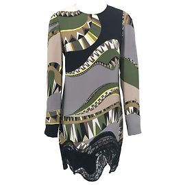 Vestido Emilio Pucci verde, mistura de seda amarela e cinza com acabamento em renda preta Multicor