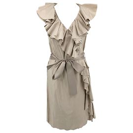 LANVIN 2008 robe beige bords francs volantés Blanc Écru