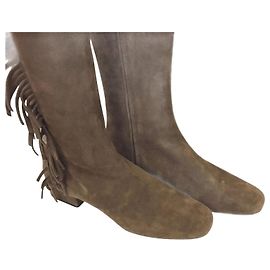 Saint Laurent thigh high flat boots in brown suede with fringing Brown