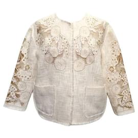 Dolce & Gabbana-Dolce & Gabbana cream heavy cotton weave jacket with cut-out flower embroidery-White,Cream