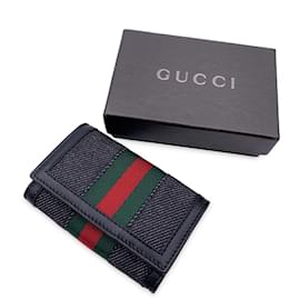 Gucci-Tela di jeans nera e nastro in pelle 6 Custodia portachiavi-Nero