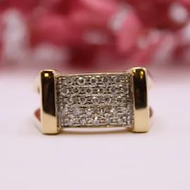 Autre Marque-Large yellow gold pavé diamond ring 18 carats-Gold hardware