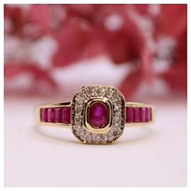 Autre Marque-Octagonal ruby and diamond ring in yellow gold 18 carats-Red,Gold hardware
